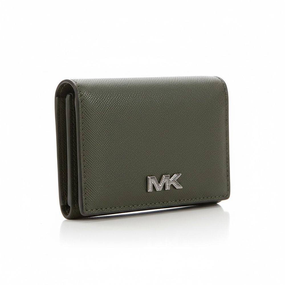 Michael Kors Olive Green Saffiano Leather Trifold Wallet with Silver MK Logo